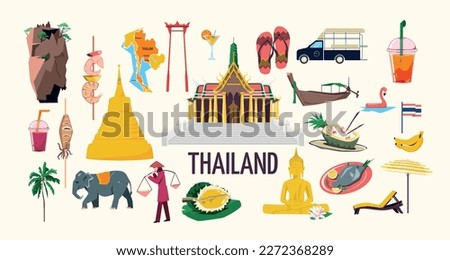Flat thailand set with tourist attractions national food flag transport fruit drinks map elephant isolated vector illustration