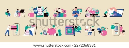Tax day form color set of isolated icons with people money gadgets payment methods taxes counting vector illustration