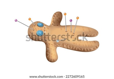Realistic magic voodoo doll with needles vector illustration