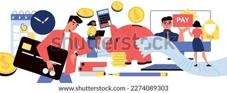 Tax day form composition with flat human characters clocks receipts credit cards coins and piggy bank vector illustration