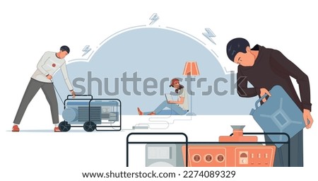 Electric generator flat composition of icons and doodle characters of people filling up power generating units vector illustration