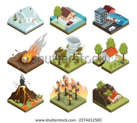 Natural disasters isometric set with flood volcanic eruption earthquake tsunami avalanche forest fire meteorite tornado landslide isolated 3d vector illustration
