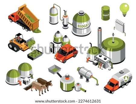 Green energy production isometric icons set demonstrating equipment for converting biomass into biogas isolated vector illustration