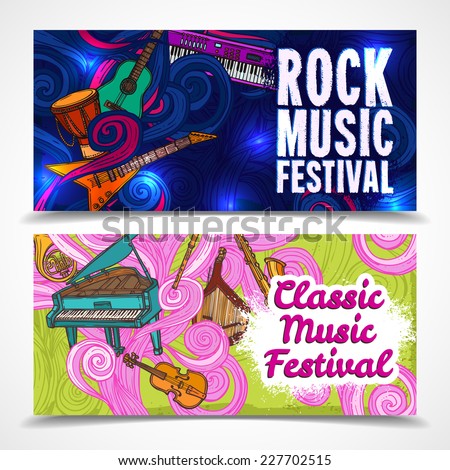 Classic and rock music festival horizontal banners set with piano guitar saxophone isolated vector illustration