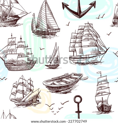 Sailing tall ships frigates brigantine clipper yachts and boat sketch seamless pattern vector illustration