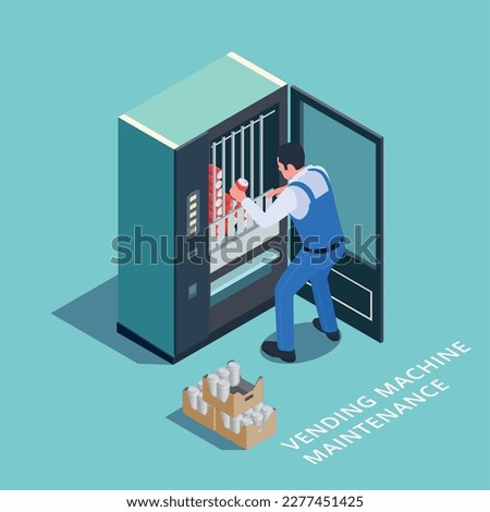 Vending machine isometric composition with editable text and worker in uniform putting goods into machine slots vector illustration