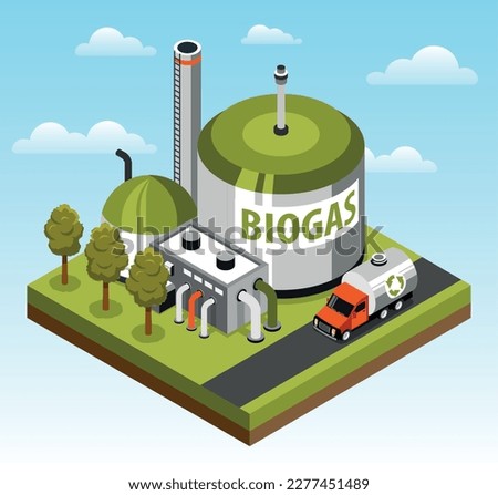 Biogas factory isometric green object at clean blue sky background 3d vector illustration
