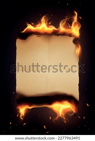 Burned old paper realistic concept one yellowing sheet is on fire against dark background vector illustration