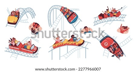 Roller coaster flat set of isolated icons with doodle style people riding festive cars on rails vector illustration