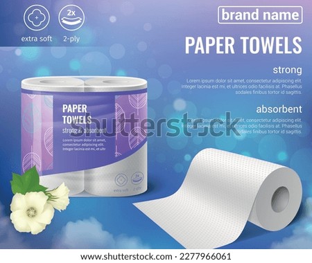 Toilet paper kitchen towels rolls realistic advertising composition with editable brand name text and colorful images vector illustration