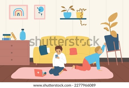 Colored children dangerous situations flat composition two young children sitting in the room doing dangerous things trying to turn over flower pot and playing with medicine vector illustration