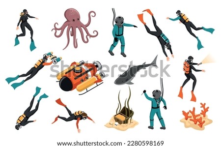 Diving isometric icons cartoon set of people in diving suits with scuba and underwater inhabitants isolated vector illustration