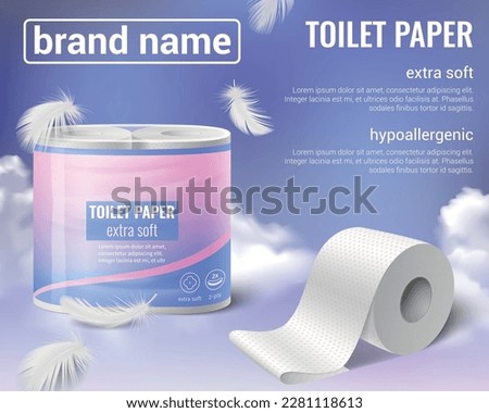 Toilet paper kitchen towels rolls realistic advertising background with editable text flying feathers package and clouds vector illustration