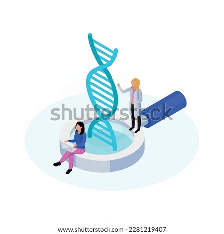 Isometric nanotechnology icon with dna structure magnifier and two tiny characters of scientists 3d vector illustration