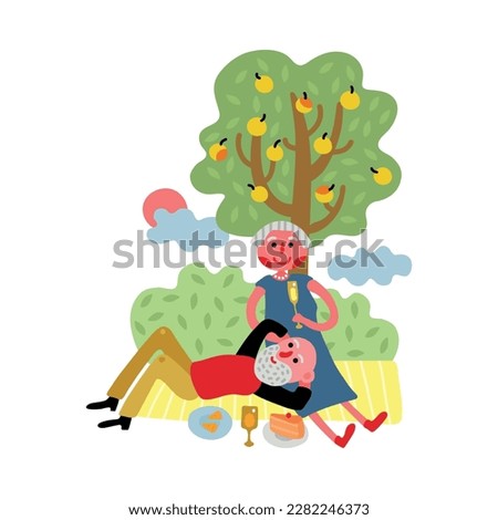 Elderly people healthy active lifestyle flat composition with grandparents having picnic in garden drinking wine vector illustration
