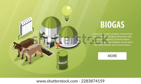 Biogas green banner advertising green energy production using livestock as sources of biofuel heat and electricity isometric vector illustration