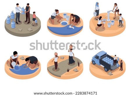 Water scarcity isometric compositions with women washing clothes in puddle or lake and walking with water pots on their heads isolated vector illustration