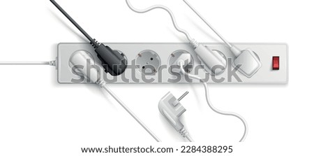 White electric extension cord of euro standard with turn on and off switch and inserted plugs realistic vector illustration