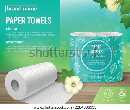 Toilet paper kitchen towels rolls realistic advertising background with images of flowers editable text and icons vector illustration