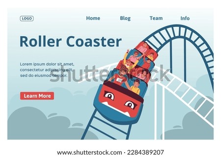 Roller coaster web site landing page with flat images of people in amusement park text links vector illustration