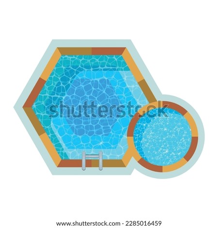 Flat hexagon swimming pool with round hot tub top view vector illustration