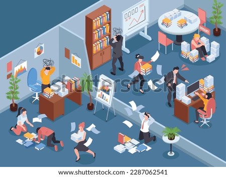 Isometric office chaos background composition with indoor office scenery and crazy coworkers running shouting throwing papers vector illustration