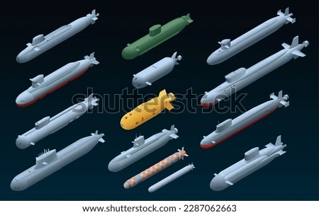 Submarines isometric set with isolated images of undersea units with rockets and bathyscaphes on solid background vector illustration