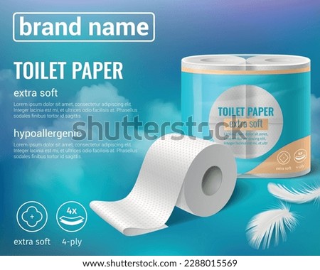 Toilet paper kitchen towels rolls realistic advertising background with composition of images text and clouds background vector illustration