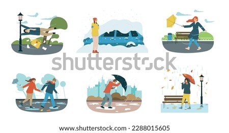 Six isolated bad weather people flat composition set with different situations happen to people because of the strong winds and rain vector illustration