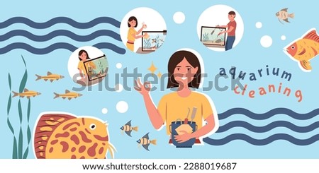 Aquarium cleaning care composition with collage of flat fish icons waves bubbles and doodle human characters vector illustration