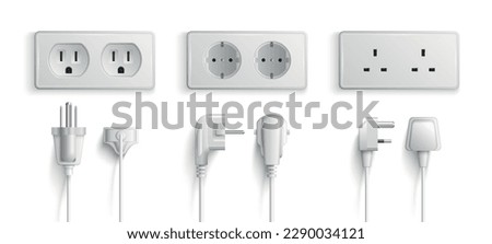 Realistic mockup of electric wall sockets and plugs with different port connectors white set isolated vector illustration