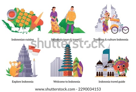 Indonesia flat compositions set with traditional cuisine and landmarks isolated vector illustration