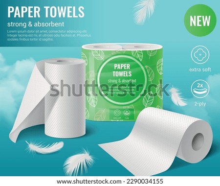 Toilet paper kitchen towels rolls realistic composition with editable text icons feathers and clouds on sky vector illustration