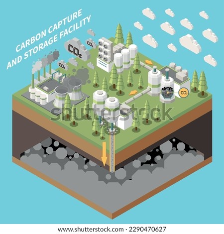 Carbon capture storage sequestration technology isometric composition with isolated view of factory facilities for capturing co2 vector illustration Foto d'archivio © 