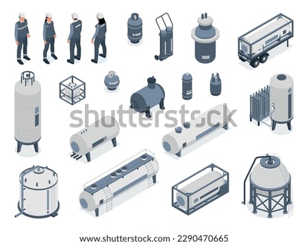 Isometric compressed gas people set of isolated icons with industrial storage tanks and characters of workers vector illustration