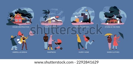 Rain storm flat composition set with people in waterproof clothers and natural disaster scenes isolated vector illustration