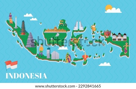 Indonesia map poster with travel symbols and landmarks flat vector illustration