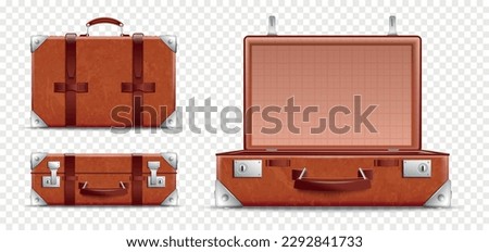 Realistic retro travel baggage transparent icon set from three angles on transparent background vector illustration