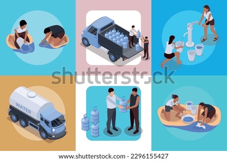 Water scarcity isometric design concept with volunteers distributing gallons from truck and pumping drinking water vector illustration