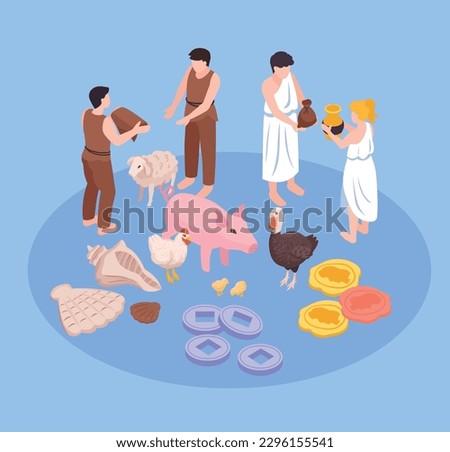 Isometric money evolution composition with icons characters of ancient people involved into goods and money relations vector illustration
