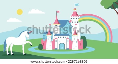 Fairy tale kingdom background with castle and unicorn symbols flat vector illustration