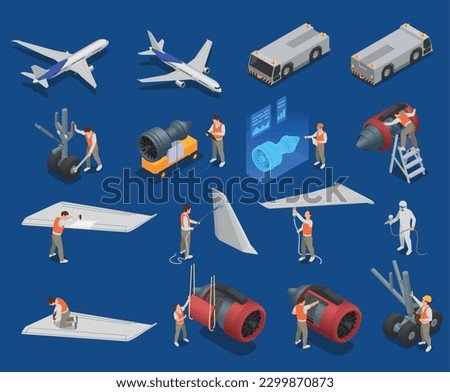 Aircraft service isometric icons set with airplane parts maintenance and repair isolated vector illustration