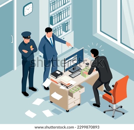 Money laundering isometric background with official trapped red handed on bribe vector illustration Foto stock © 