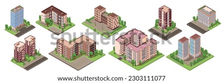 City buildings isometric set with isolated icons of modern residential houses with yards on blank background vector illustration