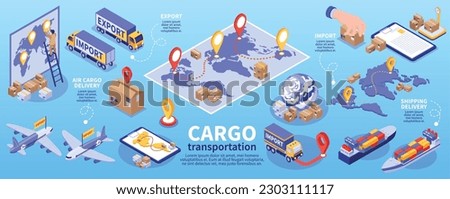 Isometric export import infographics with editable text routes destination points trucks ships airplanes and warehouse workers vector illustration