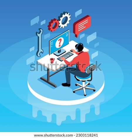 Online technical support isometric background with male hotline operator in headset answering customer questions on internet vector illustration