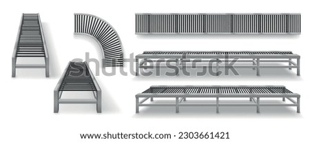 Conveyor belt realistic icons set with metal assembly transporter isolated vector illustration