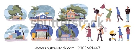 Rain storm flat icons set with people suffering from bad weather conditions isolated vector illustration