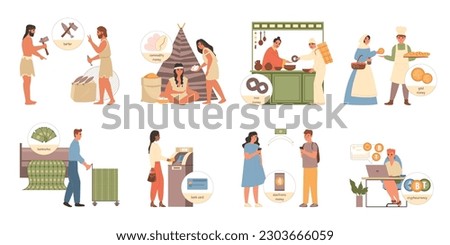 Money evolution flat icons set with finance system historical transformation scenes isolated vector illustration