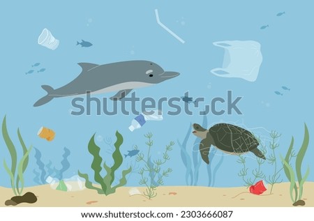 Animal activists flat composition of underwater scenery with dolphin turtle and fishes floating among plastic waste vector illustration